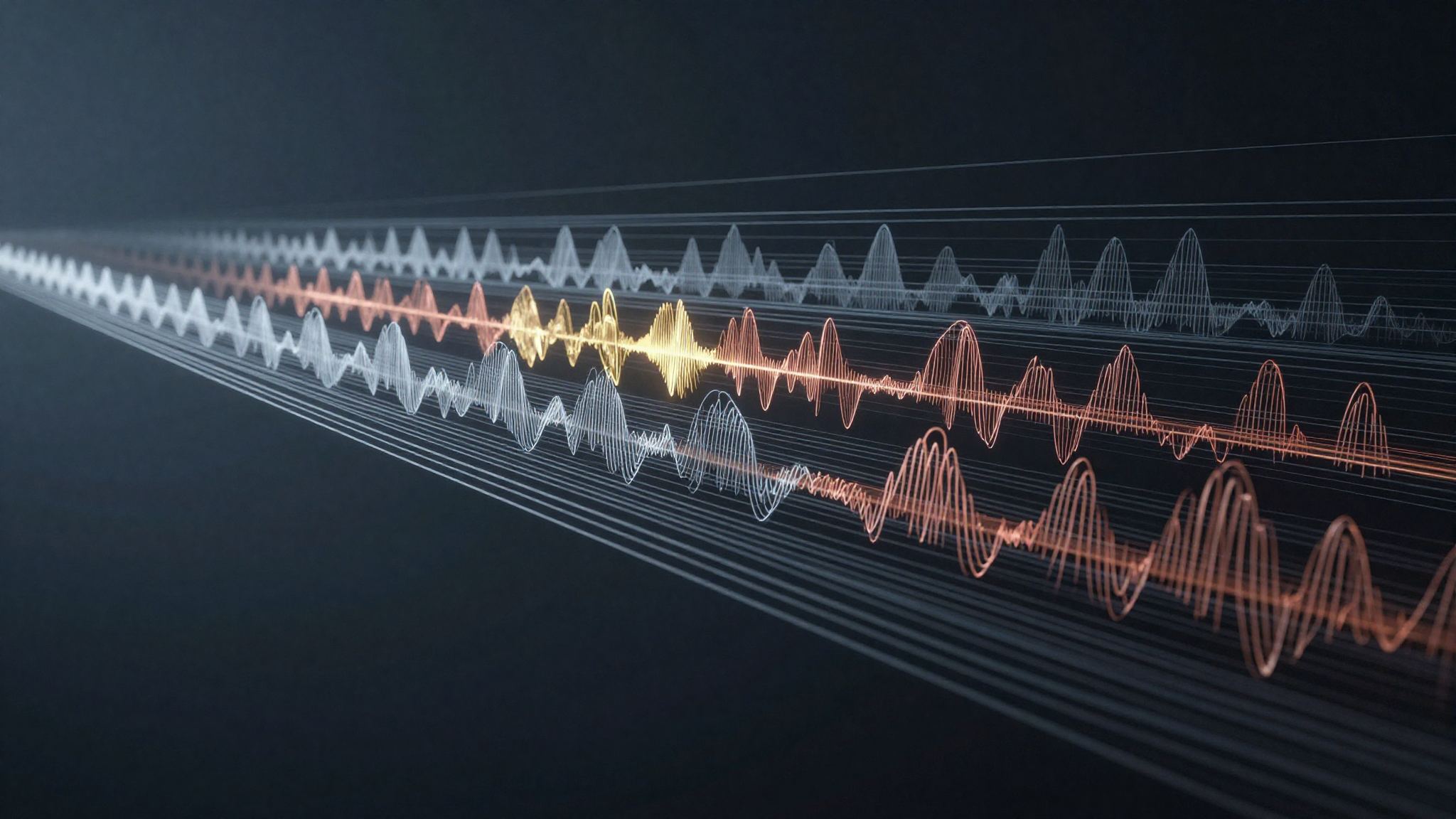 A field of fine steel strings vibrating with traveling wave packets; a few run copper, one flares brass.