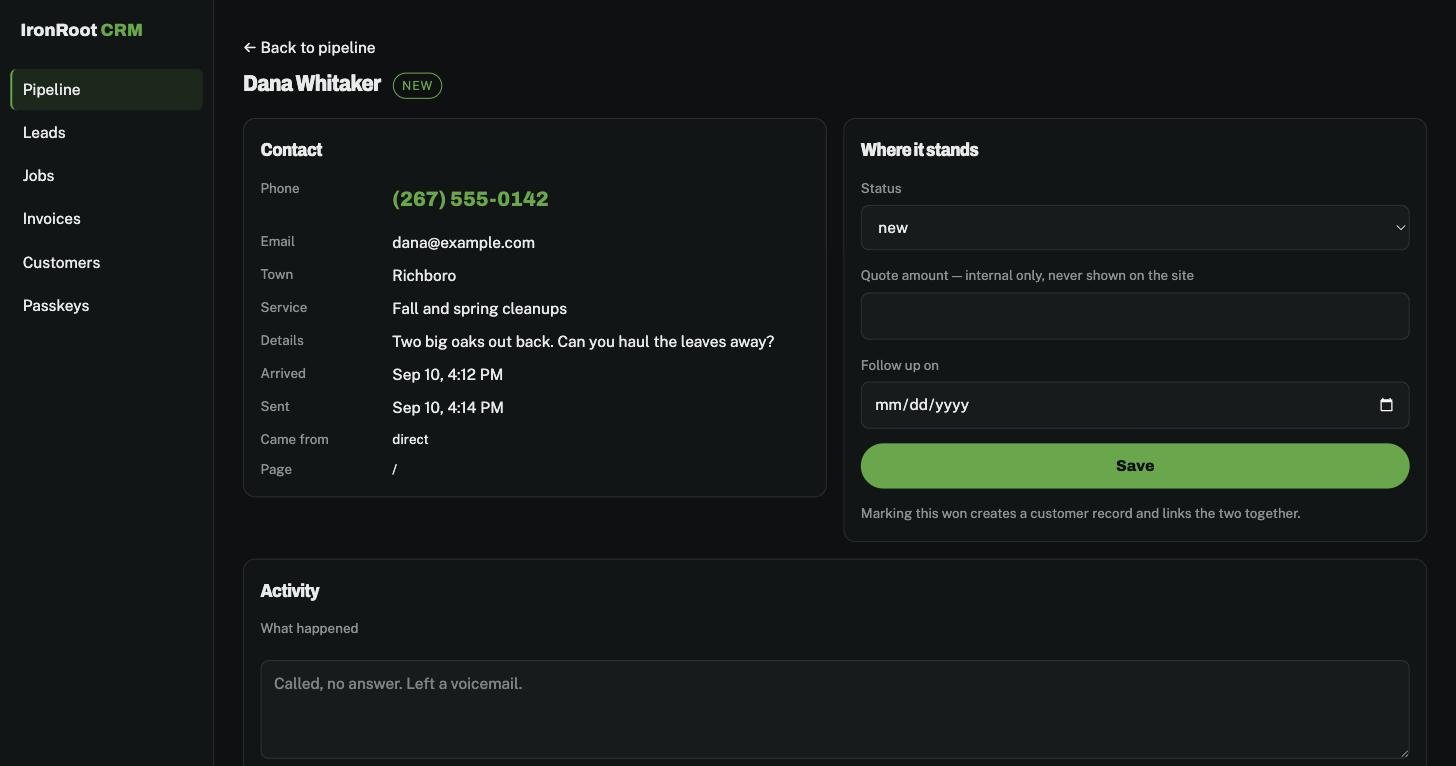 IronRoot's CRM lead screen: contact details for a sample lead, a status menu, an internal-only quote amount, a follow-up date, and an activity log.