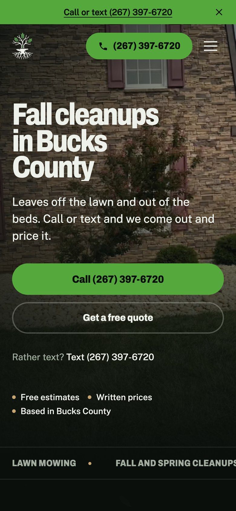 The same page on a phone, with the call button and phone number at the top of the screen.